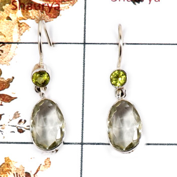 Green Amethyst & Peridot Cut D - SPE858-Party Wear Look Faceted Cut Gemstone Earrings 925 Silver Plain Setting Handmade India