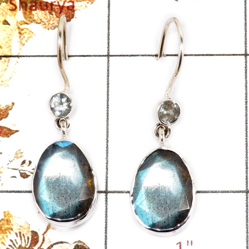 Labradorite & Blue Topaz Cut E - SPE858-Party Wear Look Faceted Cut Gemstone Earrings 925 Silver Plain Setting Handmade India