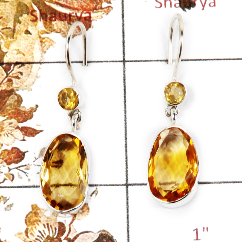 Citrine Cut F - SPE858-Party Wear Look Faceted Cut Gemstone Earrings 925 Silver Plain Setting Handmade India