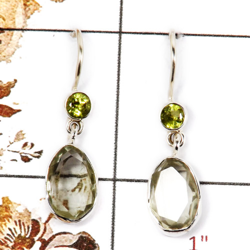 Green Amethyst & Peridot Cut G - SPE858-Party Wear Look Faceted Cut Gemstone Earrings 925 Silver Plain Setting Handmade India