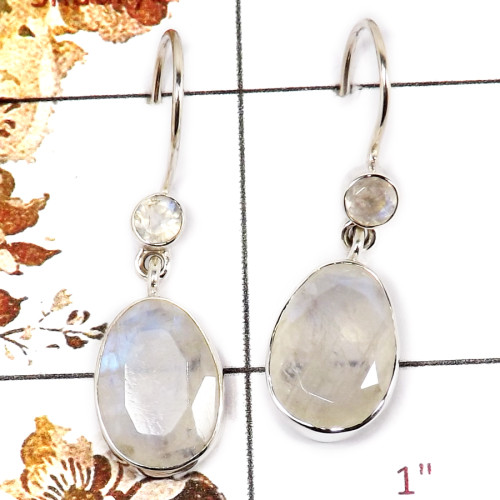Rainbow Moonstone Cut H - SPE858-Party Wear Look Faceted Cut Gemstone Earrings 925 Silver Plain Setting Handmade India