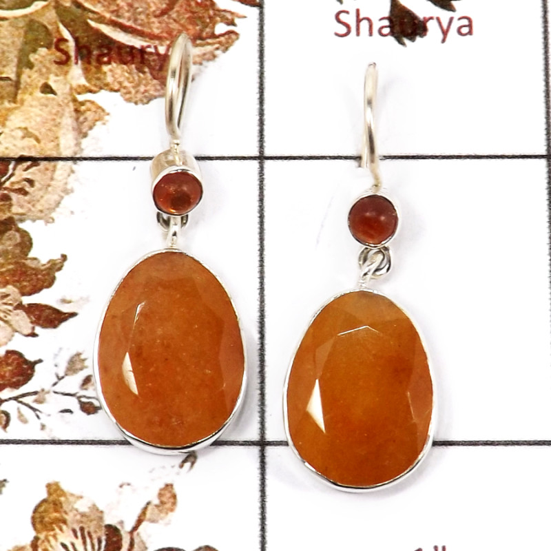 Bio Rutile Cut & Sunstone Cab O - SPE858-Party Wear Look Faceted Cut Gemstone Earrings 925 Silver Plain Setting Handmade India