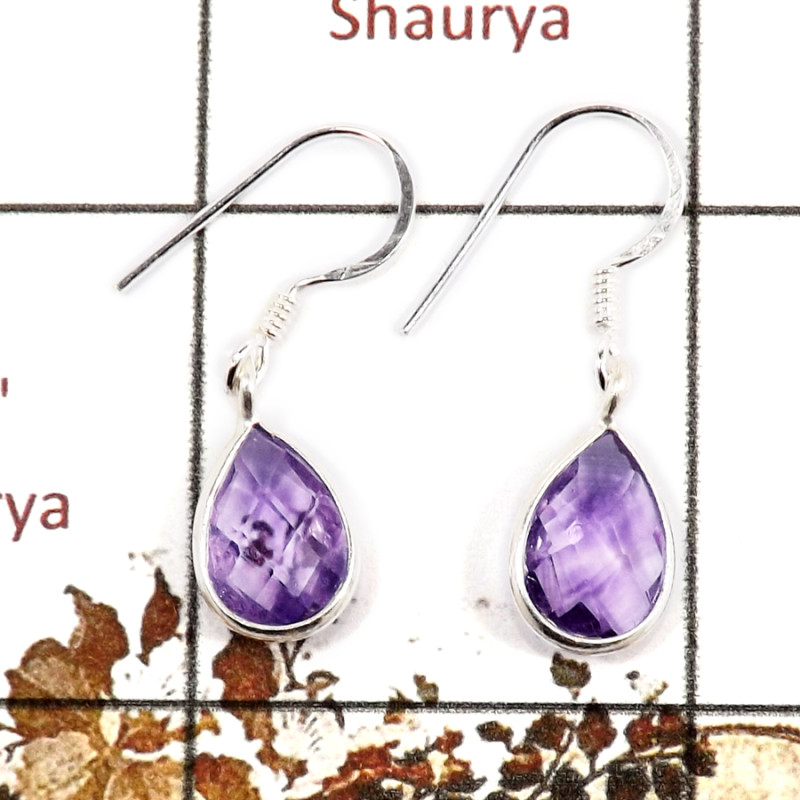 Amethyst Cut A - BZE713-Solid 925 Sterling Silver Bezel Earrings Cut Gemstone Wholesale Collection India