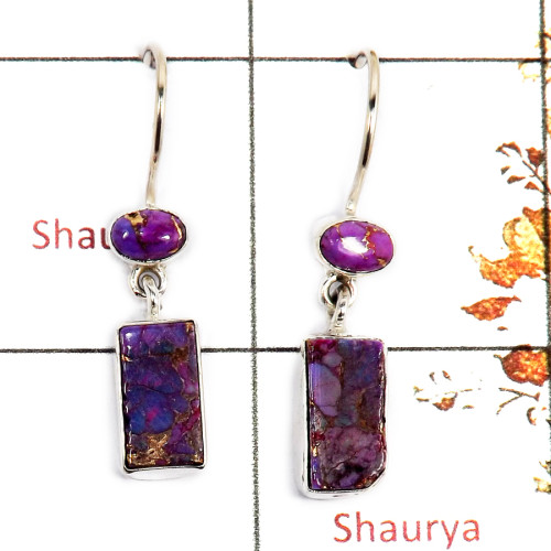 Purple Copper Turquoise Rough A - SPE854-Party Look Turquoise Rough Gemstone Earrings 925 Silver Plain Setting Wholesale Collect