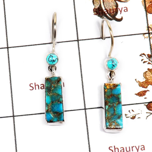 Blue Copper Turquoise Rough C - SPE854-Party Look Turquoise Rough Gemstone Earrings 925 Silver Plain Setting Wholesale Collectio