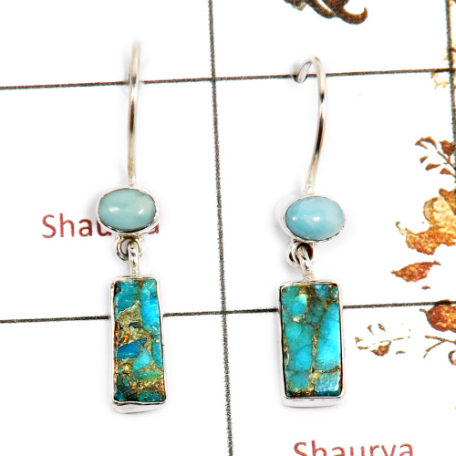 Blue Copper Turquoise Rough & Larimar Cab D - SPE854-Party Look Turquoise Rough Gemstone Earrings 925 Silver Plain Setting Whole