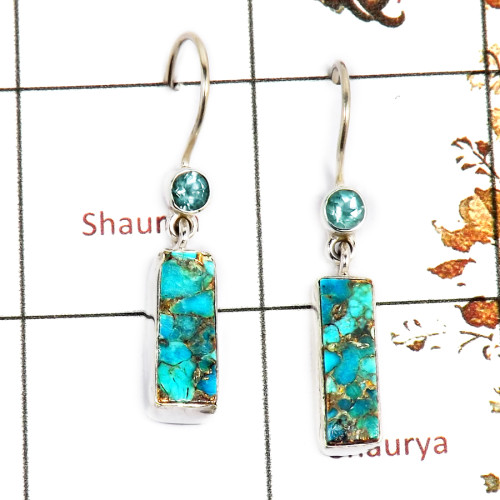 Blue Copper Turquoise Rough & Blue Topaz Cut E - SPE854-Party Look Turquoise Rough Gemstone Earrings 925 Silver Plain Setting Wh
