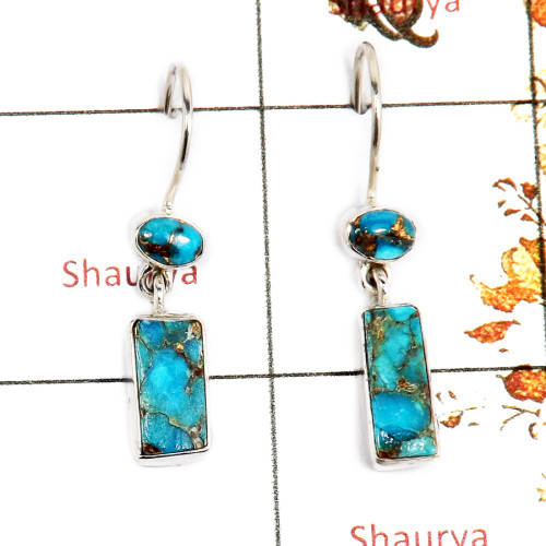 Blue Turquoise Rough & Cab O - SPE854-Party Look Turquoise Rough Gemstone Earrings 925 Silver Plain Setting Wholesale Collection