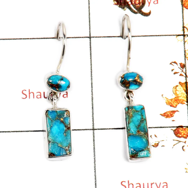 Blue Turquoise Rough & Cab O - SPE854-Party Look Turquoise Rough Gemstone Earrings 925 Silver Plain Setting Wholesale Collection