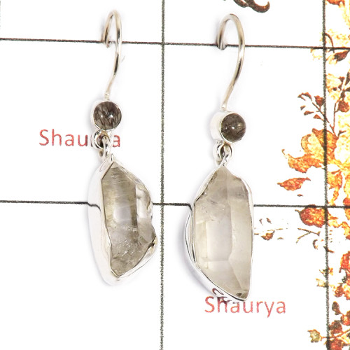 Crystal Rough & Black Rutile Cab A - SPE852-Amazing Crystal Rough Earrings 925 Silver Plain Setting Handmade Collection India