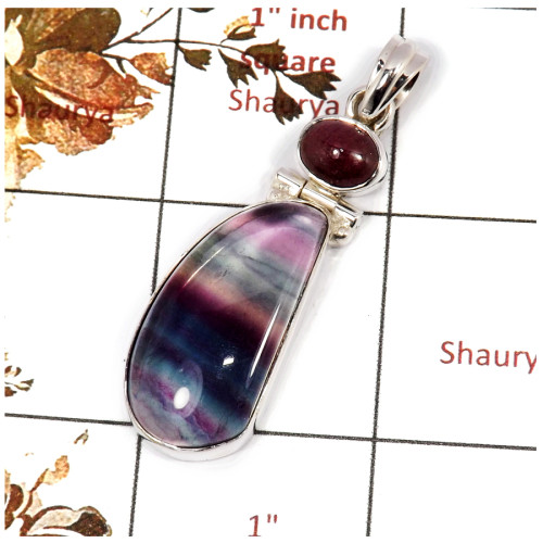 Fluorite & Ruby Cab A - SSP834-Indian Factory Made 925 Sterling Silver Pendant Pretty Look Cab Gemstone Collection