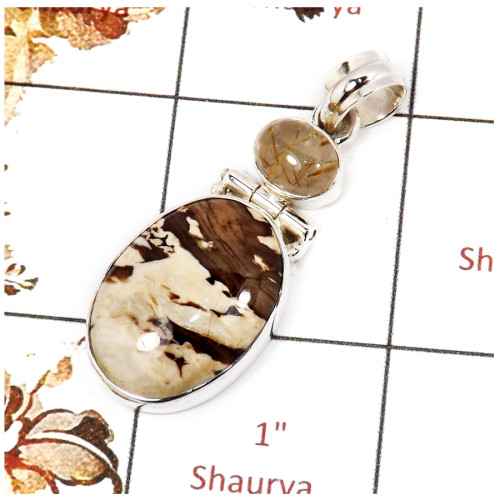 Peanut Wood & Golden Rutile Cab D - SSP834-Indian Factory Made 925 Sterling Silver Pendant Pretty Look Cab Gemstone Collection