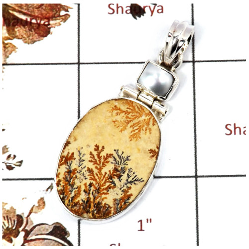 Germany Psilomelane Dendrite & Pearl Cab G - SSP834-Indian Factory Made 925 Sterling Silver Pendant Pretty Look Cab Gemstone Col