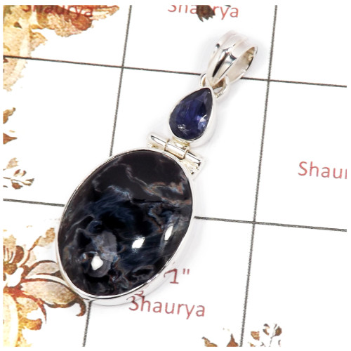 Pietersite Cab & Iolite Cut H - SSP834-Indian Factory Made 925 Sterling Silver Pendant Pretty Look Cab Gemstone Collection