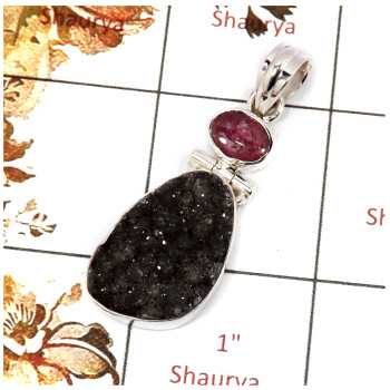 Natural Druzy & Pink Tourmaline Cab H - ISP653-925 Sterling Silver Plain Setting Pendant Party Look Gemstone New Handmade Collec