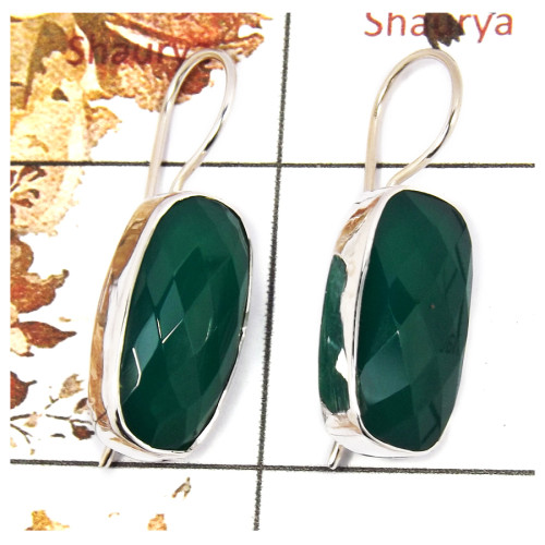 Green Onyx Cut A - SPE850-Indian Factory Made Green Onyx Cut Gemstone Earrings 925 Silver Plain Setting Design