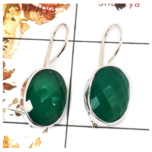 Green Onyx Cut B - SPE850-Indian Factory Made Green Onyx Cut Gemstone Earrings 925 Silver Plain Setting Design