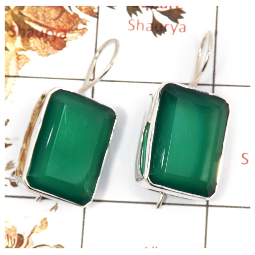 Green Onyx Cut C - SPE850-Indian Factory Made Green Onyx Cut Gemstone Earrings 925 Silver Plain Setting Design