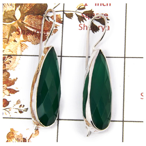 Green Onyx Cut E - SPE850-Indian Factory Made Green Onyx Cut Gemstone Earrings 925 Silver Plain Setting Design