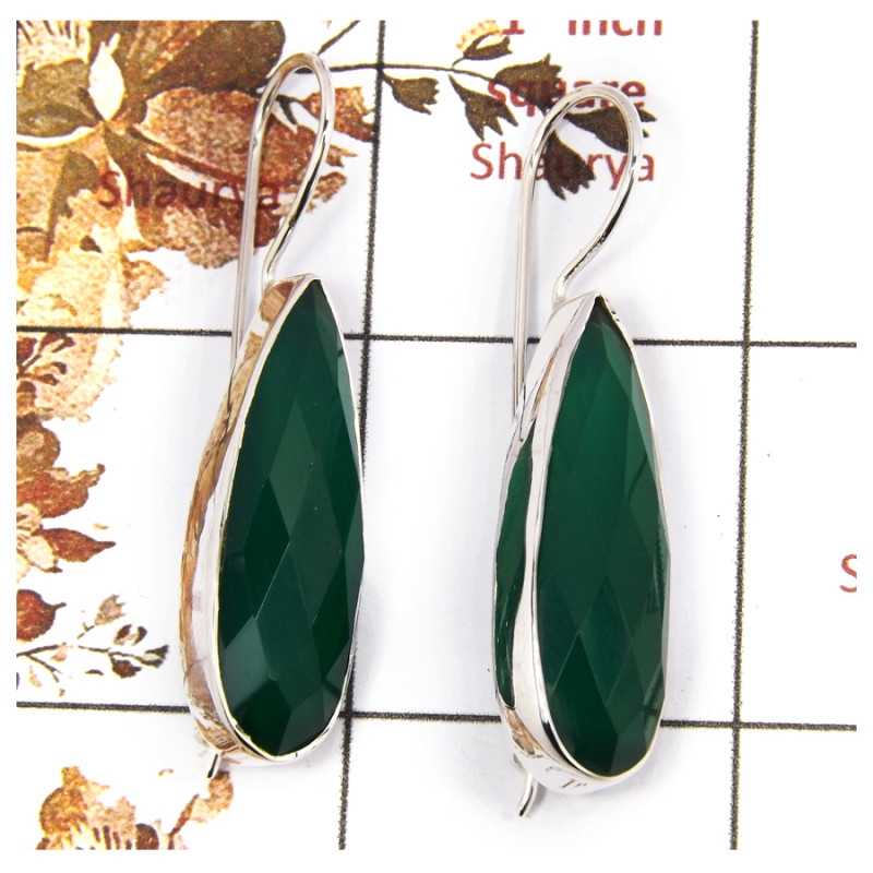 Green Onyx Cut E - SPE850-Indian Factory Made Green Onyx Cut Gemstone Earrings 925 Silver Plain Setting Design