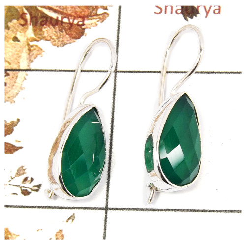 Green Onyx Cut O - SPE850-Indian Factory Made Green Onyx Cut Gemstone Earrings 925 Silver Plain Setting Design