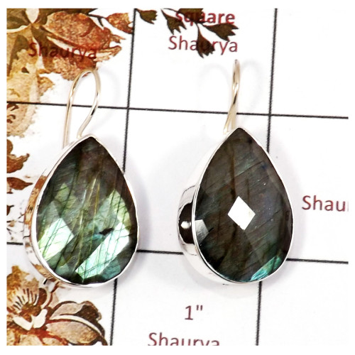Labradorite Cut A - SPE849-Gorgeous Blue Labradorite Cut Gemstone Earrings 925 Silver Plain Setting Handmade Design