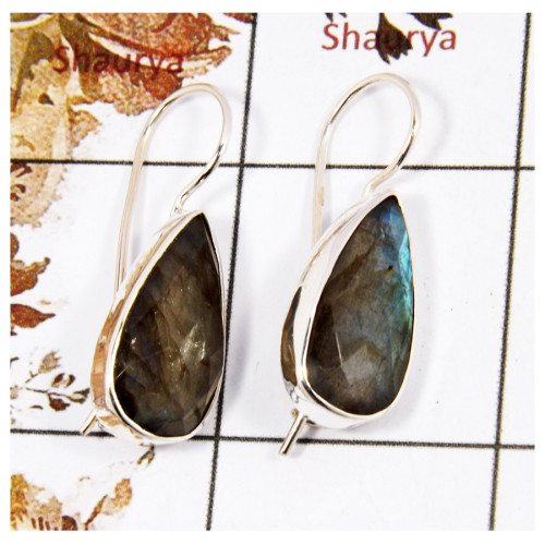 Labradorite Cut B - SPE849-Gorgeous Blue Labradorite Cut Gemstone Earrings 925 Silver Plain Setting Handmade Design