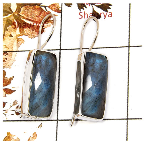 Labradorite Cut D - SPE849-Gorgeous Blue Labradorite Cut Gemstone Earrings 925 Silver Plain Setting Handmade Design