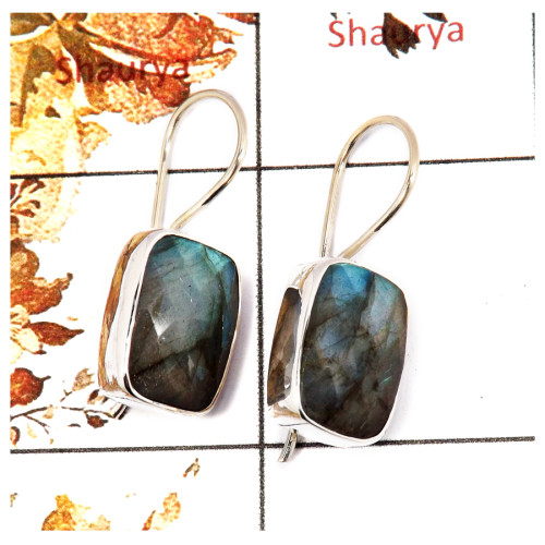 Labradorite Cut O - SPE849-Gorgeous Blue Labradorite Cut Gemstone Earrings 925 Silver Plain Setting Handmade Design