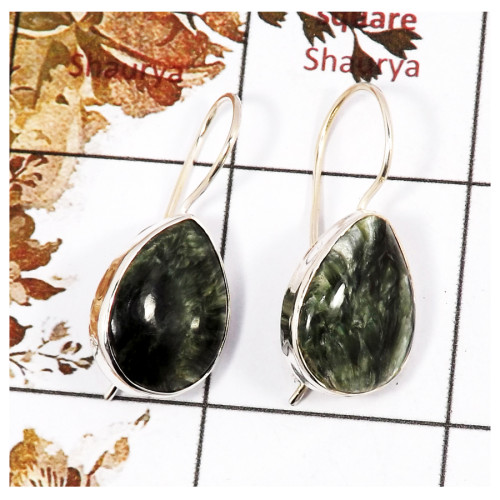 Seraphinite Cab E - SPE844-Exclusive Party Wear Cab Gemstone Earrings 925 Sterling Silver Plain Setting Collection India
