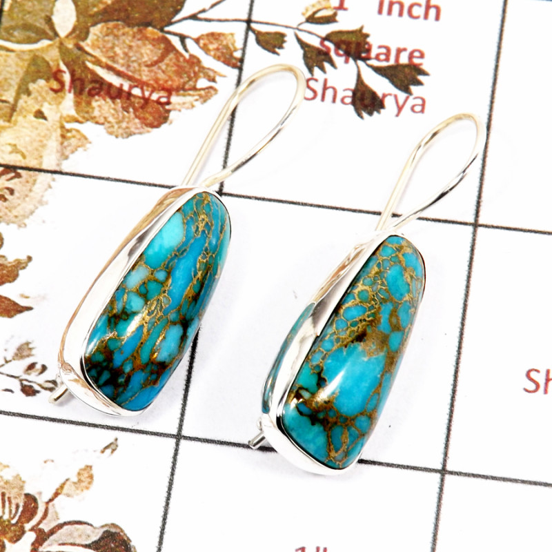 Blue Copper Turquoise Cab B - SPE829-Solid 925 Silver Pretty Look Blue Copper Turquoise Earrings Wholesale Collection