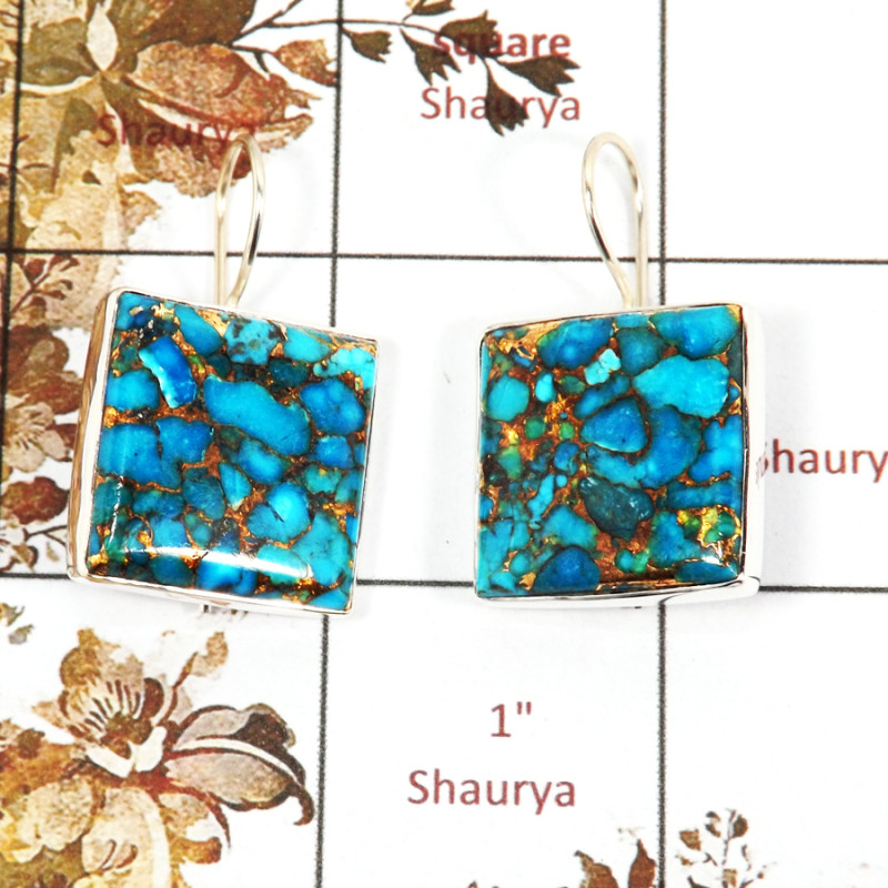 Blue Copper Turquoise Cab D - SPE829-Solid 925 Silver Pretty Look Blue Copper Turquoise Earrings Wholesale Collection