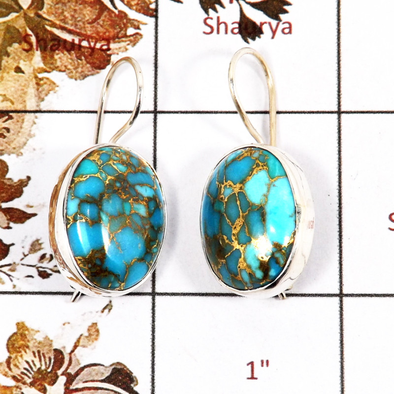 Blue Copper Turquoise Cab F - SPE829-Solid 925 Silver Pretty Look Blue Copper Turquoise Earrings Wholesale Collection