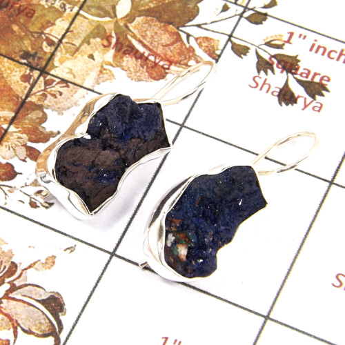 Azurite Rough D - SPE824-Indian Factory Made Gorgeous Rough Gemstone Earrings 925 Silver Plain Setting