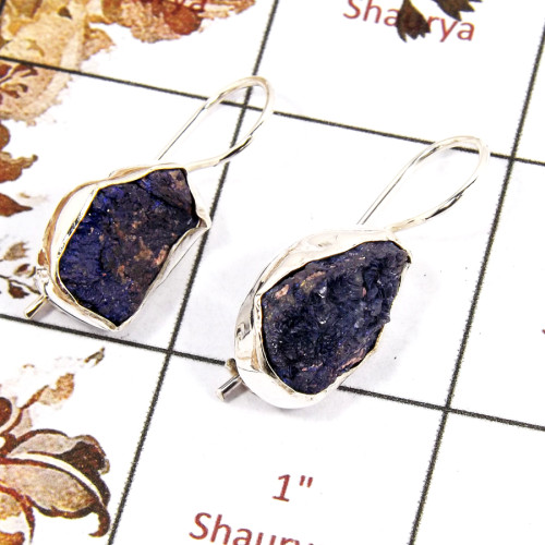 Azurite Rough E - SPE824-Indian Factory Made Gorgeous Rough Gemstone Earrings 925 Silver Plain Setting