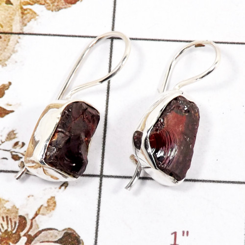 Garnet Rough G - SPE824-Indian Factory Made Gorgeous Rough Gemstone Earrings 925 Silver Plain Setting