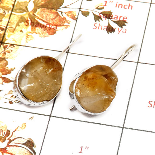 Citrine Rough I - SPE824-Indian Factory Made Gorgeous Rough Gemstone Earrings 925 Silver Plain Setting