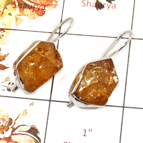 Citrine Rough O - SPE824-Indian Factory Made Gorgeous Rough Gemstone Earrings 925 Silver Plain Setting