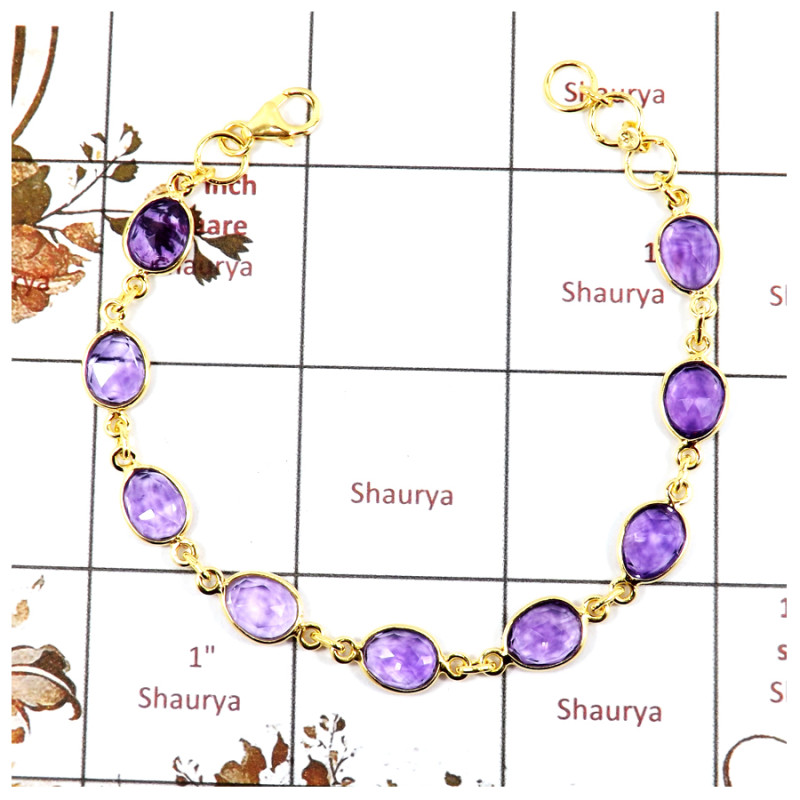 Amethyst Cut C - SBB891-Party Wear Cut Gemstone Bezel Bracelet 925 Sterling Silver 18K Gold Plated Collection