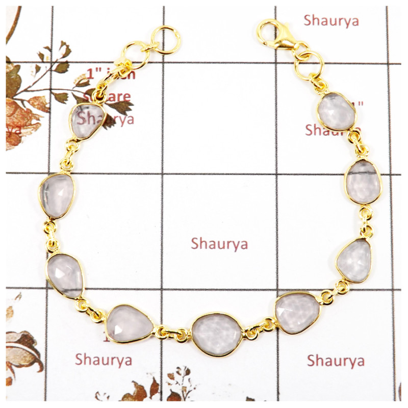 Rose Quartz Cut E - SBB891-Party Wear Cut Gemstone Bezel Bracelet 925 Sterling Silver 18K Gold Plated Collection