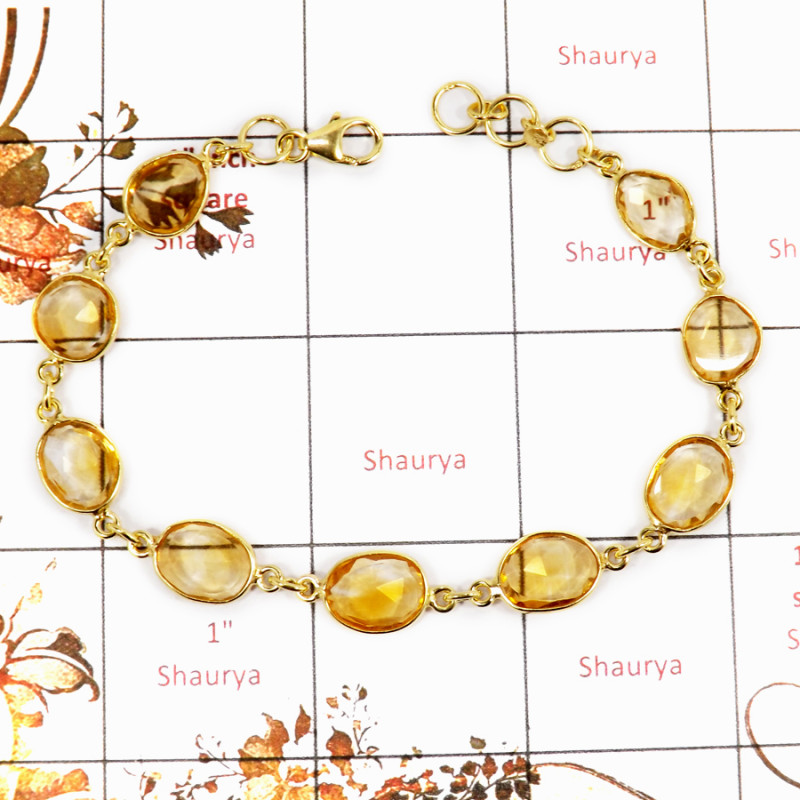 Citrine Cut H - SBB891-Party Wear Cut Gemstone Bezel Bracelet 925 Sterling Silver 18K Gold Plated Collection