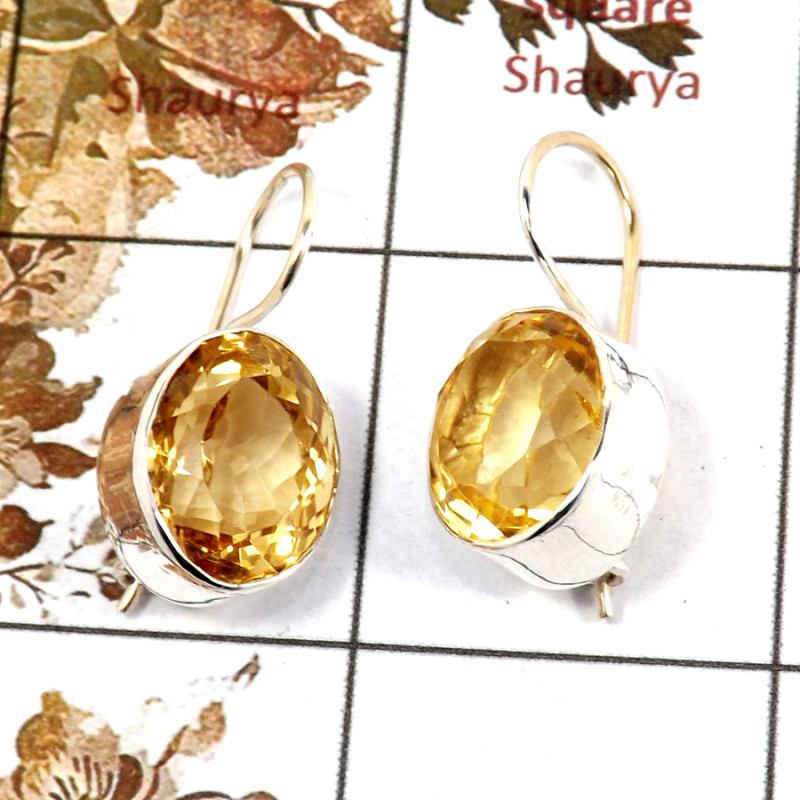 Citrine Cut A - SPE821-Indian Company Made Cut Gemstone Earrings 925 Sterling Silver Plain Setting