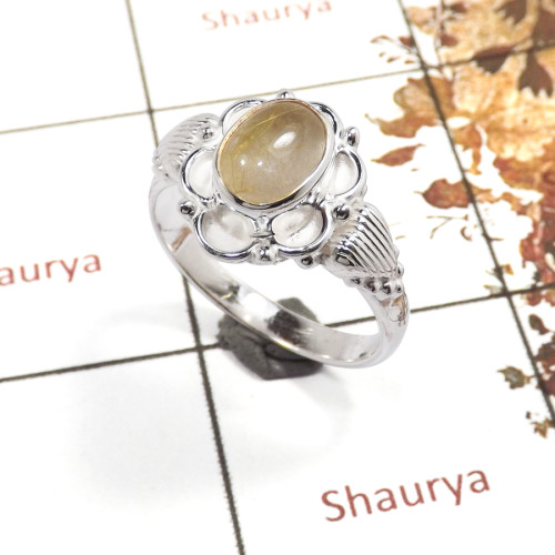 Golden Rutile Cab C - RBS857-Exclusive Light Weight Cab Gemstone Ring 925 Sterling Silver Handmade Design