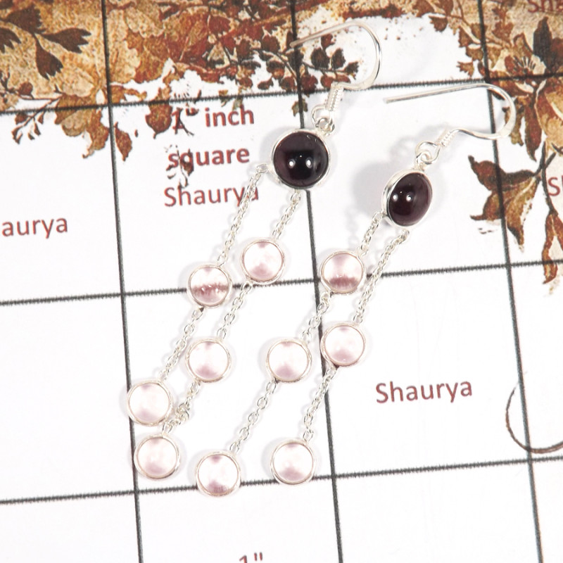 Garnet & Rose Quartz Cab B - BZE712-Gorgeous Cab Gemstone Bezel Long Earrings 925 Sterling Silver Handmade Design