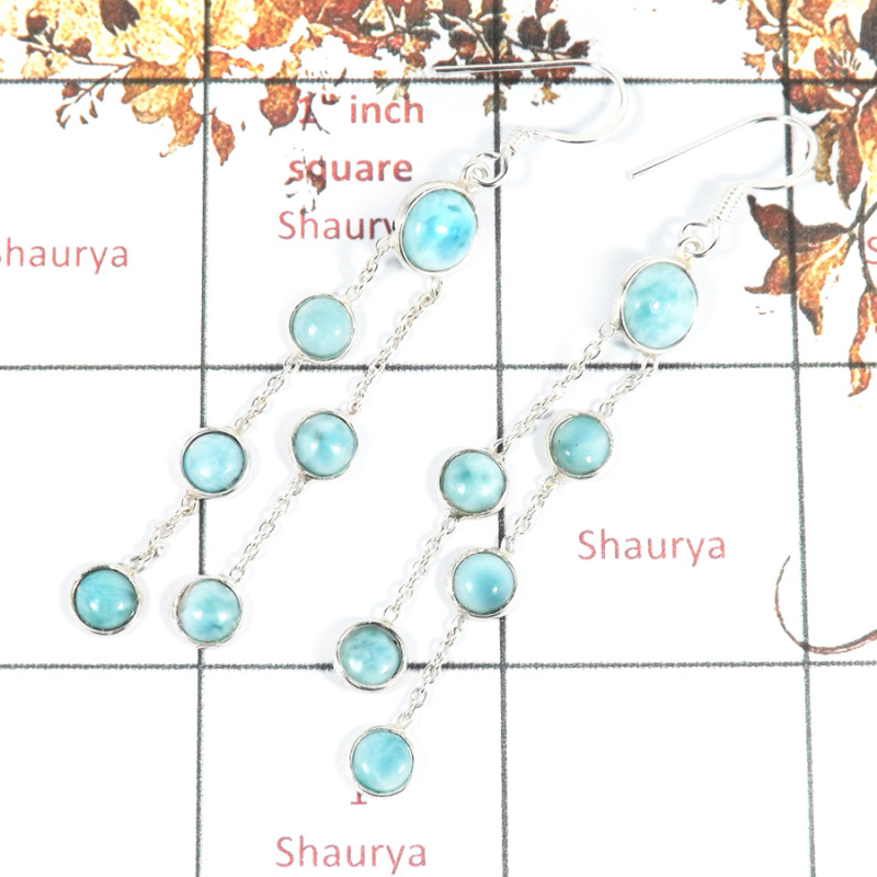 Larimar Cab C - BZE712-Gorgeous Cab Gemstone Bezel Long Earrings 925 Sterling Silver Handmade Design