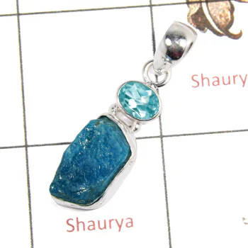 Apatite Rough & Blue Topaz Cut A - ISP650-Newly Handmade Rough Stone Pendant 925 Sterling Silver Plain Setting Apatite Rough & Blue Topaz Cut A - ISP650-Newly Handmade Rough Stone Pendant 925 Sterling Silver Plain Setting