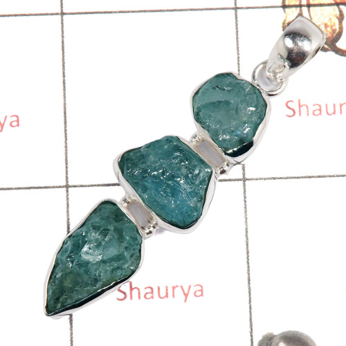Aquamarine Rough B - ISP650-Newly Handmade Rough Stone Pendant 925 Sterling Silver Plain Setting