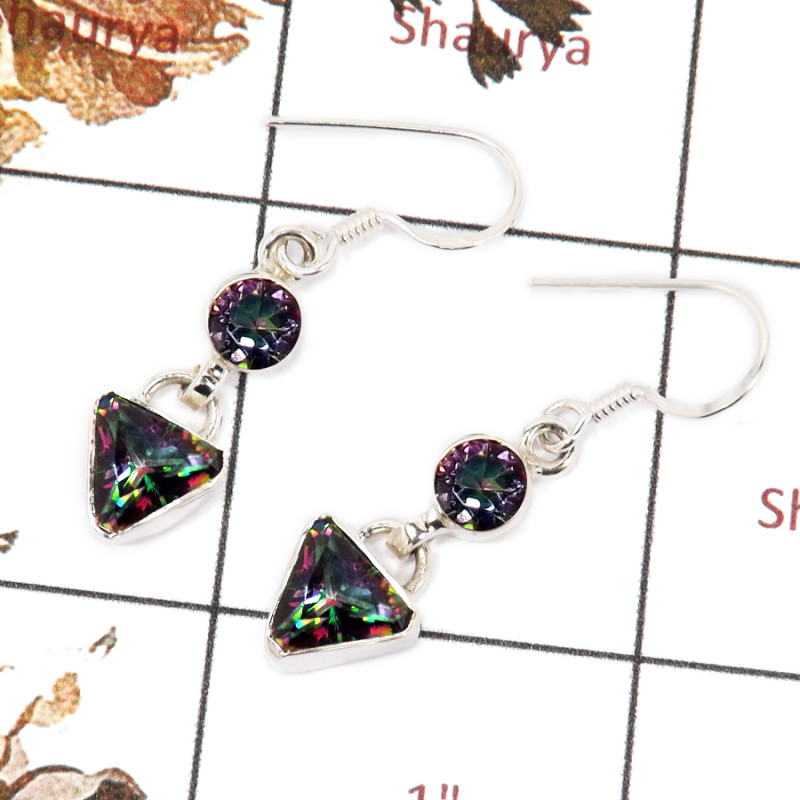 Mystic Cut A - SPE818-Solid 925 Sterling Silver Earrings Plain Setting Cut Gemstone Handmade Design
