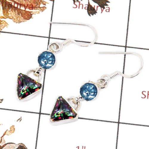 Blue Topaz & Mystic Cut B - SPE818-Solid 925 Sterling Silver Earrings Plain Setting Cut Gemstone Handmade Design