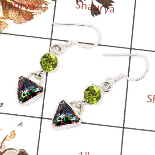 Peridot & Mystic Cut D - SPE818-Solid 925 Sterling Silver Earrings Plain Setting Cut Gemstone Handmade Design